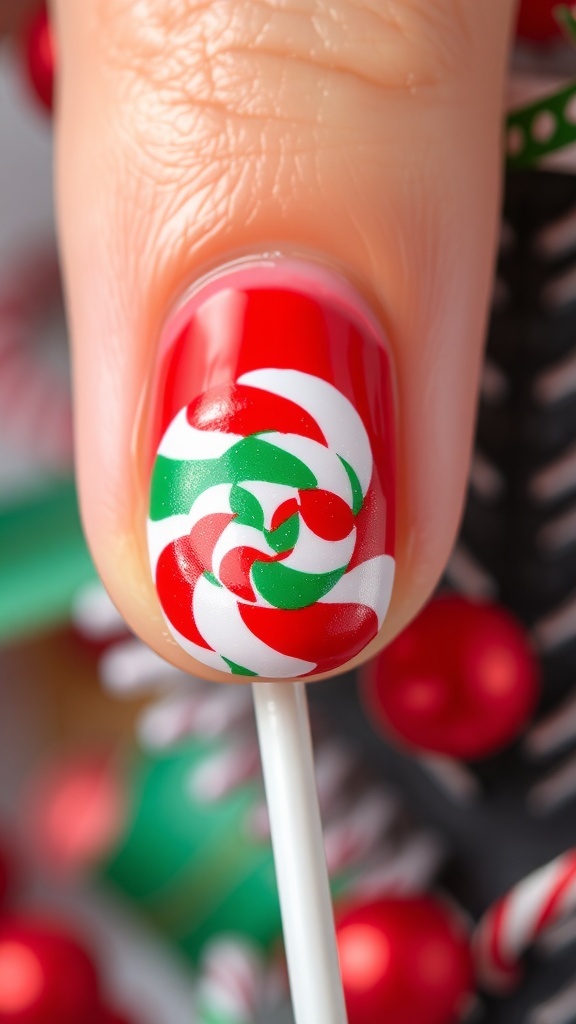 Colorful Christmas lollipop nail art with red and green designs on festive nails.